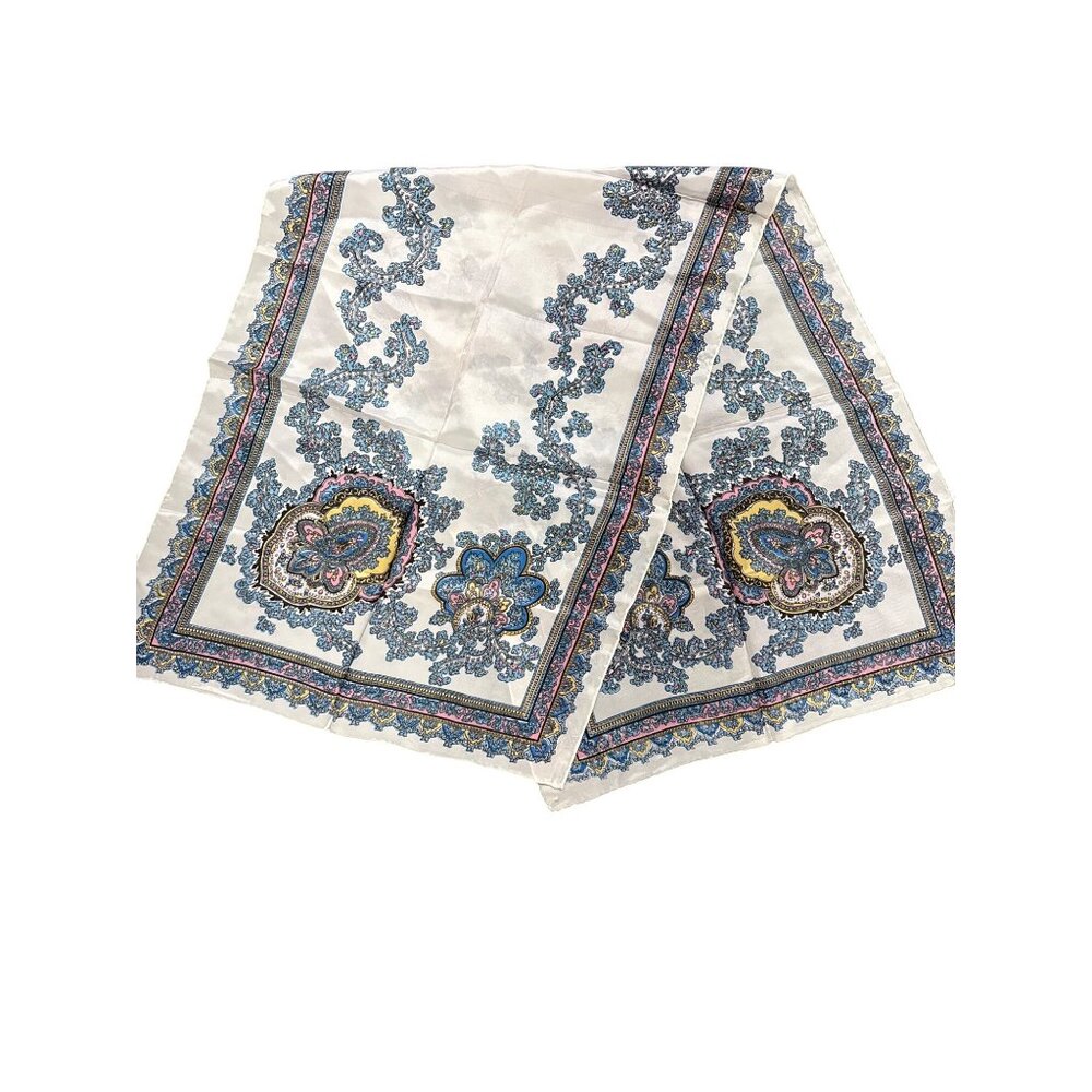 Vintage Hand-Rolled 100% Acetate Scarf Japan Paisley Print 17x44in White Blue Pi